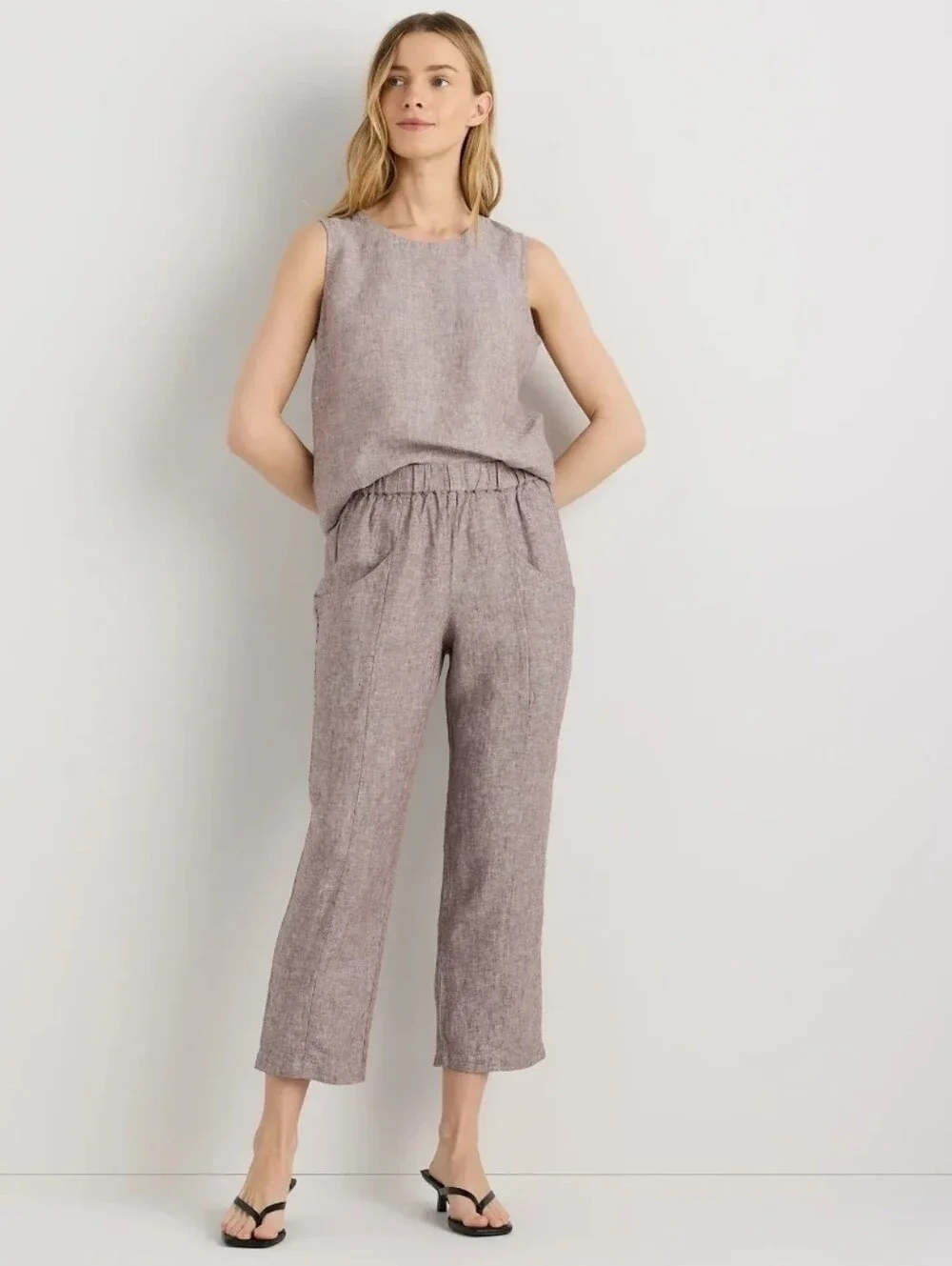 ❤️ QUINCE 100% EUROPEAN LINEN TAPERED ANKLE PANTS IN TAUPE BROWN CHAMBRAY, SMALL